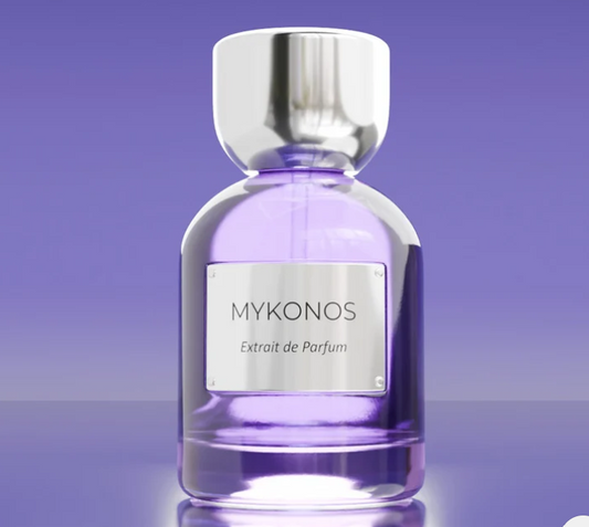 Mykonos Reflection Elixir extrait de parfum bottle with silver cap and purple glass