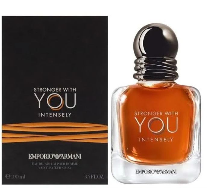 Amber fragrance bottle with chrome cap next to product box, 'Stronger with You Intensely'