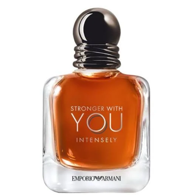 Amber fragrance spray bottle with chrome cap, 'Stronger with You Intensely' label