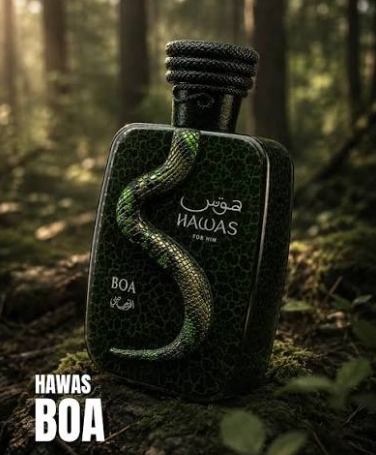 Hawas Boa Eau de Parfum bottle, dark green glass with serpent pattern, ribbed cap, 100 ml.