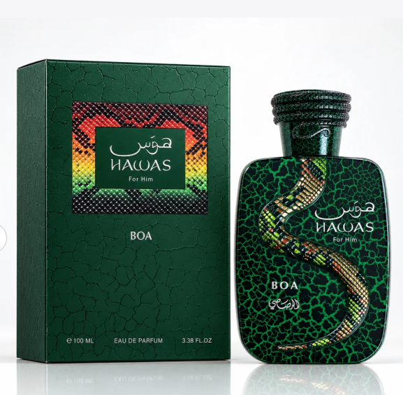 Hawas Boa Eau de Parfum gift box and dark green bottle, 100 ml.