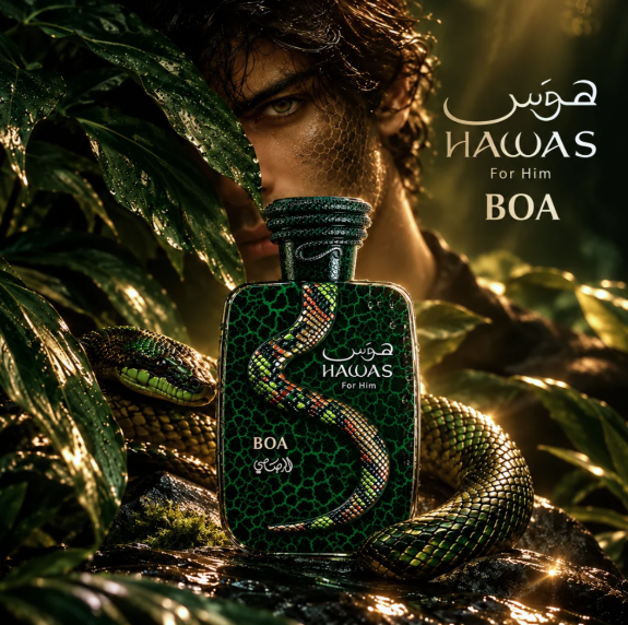 Hawas Boa Eau de Parfum bottle with dark green serpent graphics and ribbed cap, 100 ml.