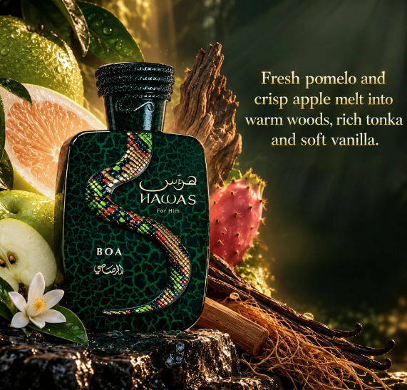 Hawas Boa Eau de Parfum bottle, dark green glass with coiled-serpent graphic, 100 ml.