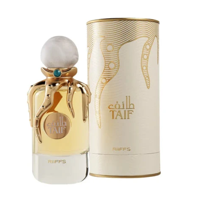 RIIFFS Taif 100ml bottle with gold hardware and turquoise gem, with matching box