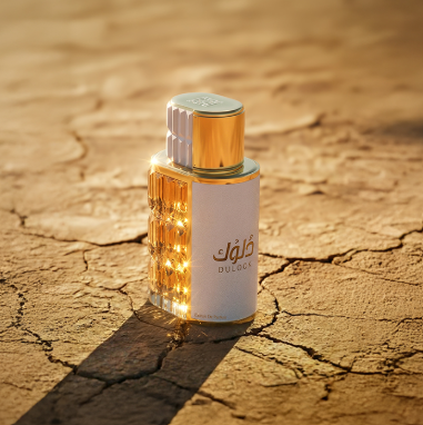 Perfume bottle with gold cap and amber-colored base insert