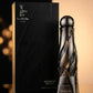 Men's eau de parfum bottle with black box, silver cap and reflective glass