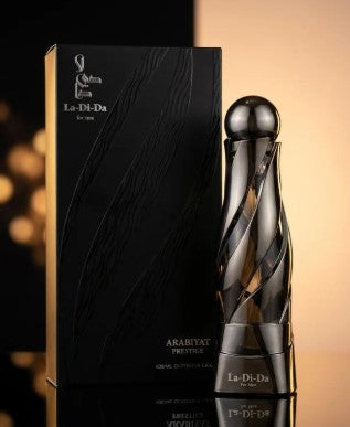 Men's eau de parfum bottle with black box, silver cap and reflective glass