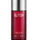 Glitch Eau de Parfum spray bottle, red glass with silver cap and logo label