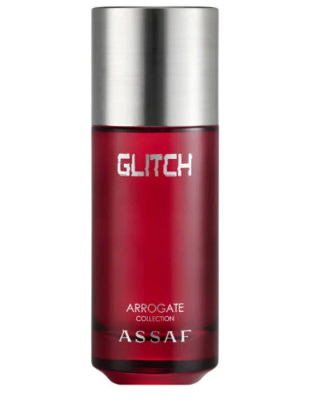 Glitch Eau de Parfum spray bottle, red glass with silver cap and logo label