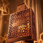 Rayhaan Vantage EDP bottle, amber geometric pattern with gold-tone frame, angled view