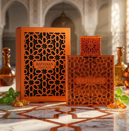 Rayhaan Vantage EDP bottle and matching box, amber with gold geometric cutout design