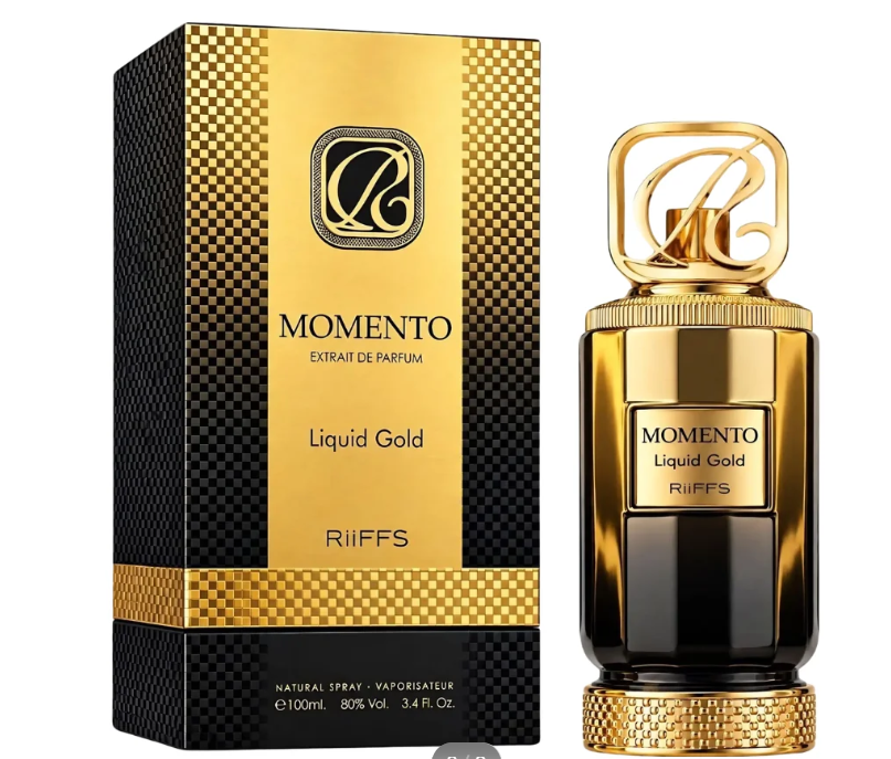 Perfume box and gold bottle set labeled “Momento Liquid Gold”