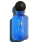 Blue eau de parfum bottle with dark spherical cap, blue glass, gold logo, front label