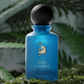 Blue eau de parfum bottle with dark cap and blue glass, gold crest and centered text