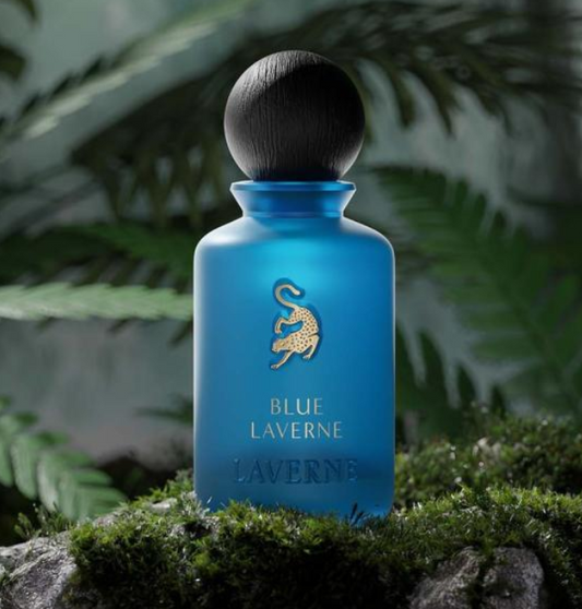 Blue eau de parfum bottle viewed straight-on, dark spherical cap, gold logo on label